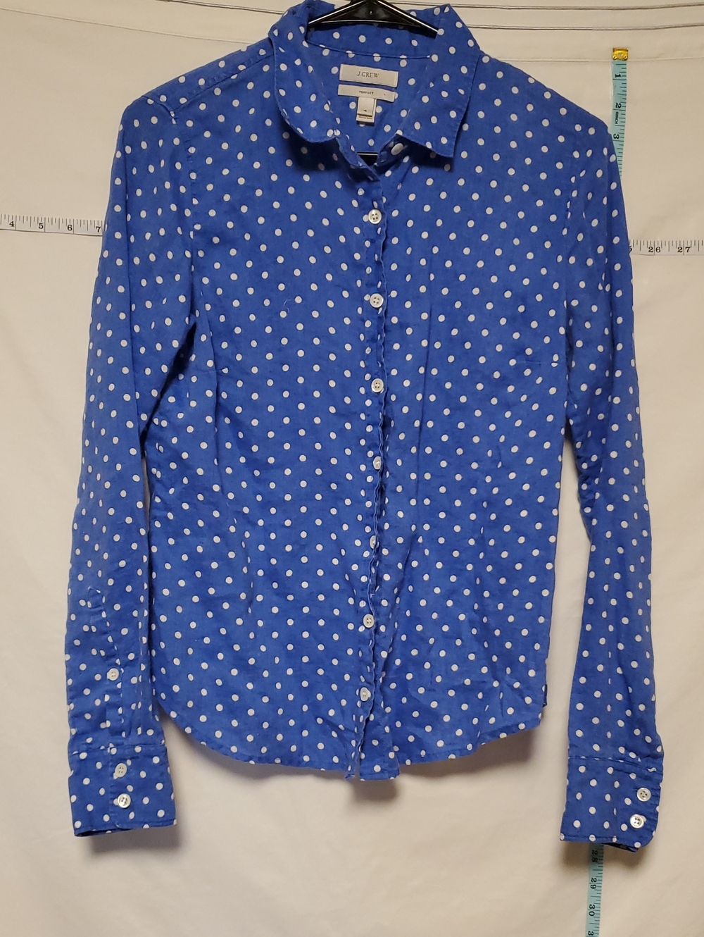 J.Crew Perfect Linen Women’s Blue Polka Dot Button Shirt Sz4 Office Staple Layer